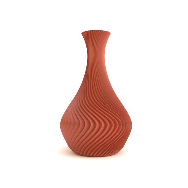 Terracotta-colored vase with textured surface on a white background